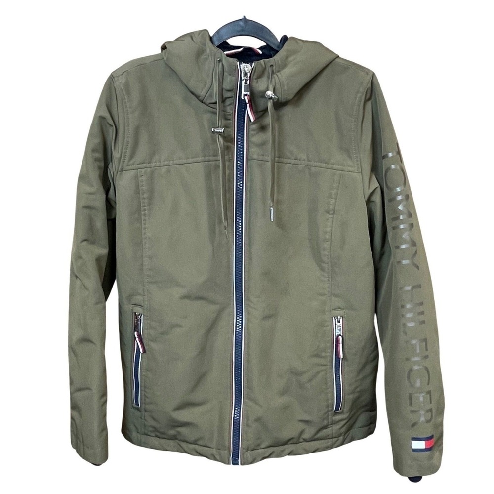 Tommy Hilfiger Olive Green Fleece Lined Softshell Hooded Jacket Womens Size S